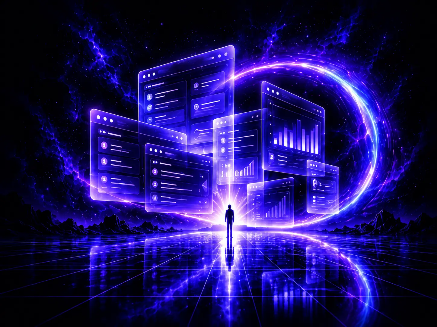 Luminous violet application panels connected by a digital portal