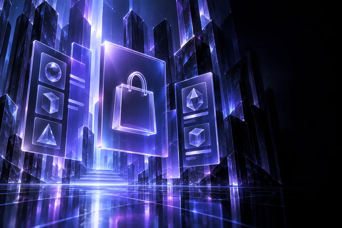 Floating glass commerce panels in a violet digital city