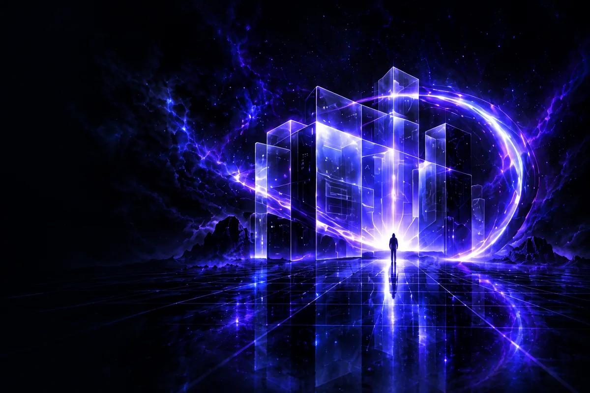 Violet glass architecture within a luminous digital portal