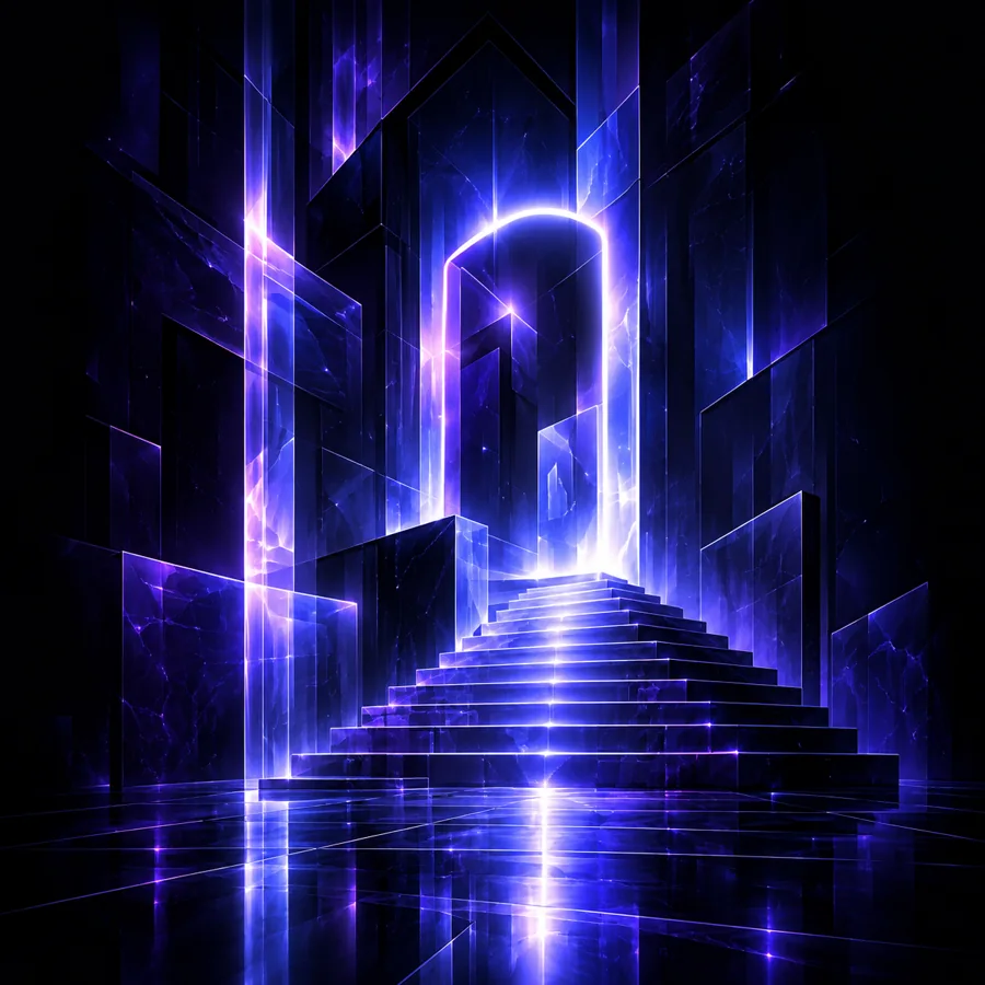 A violet doorway at the top of illuminated steps